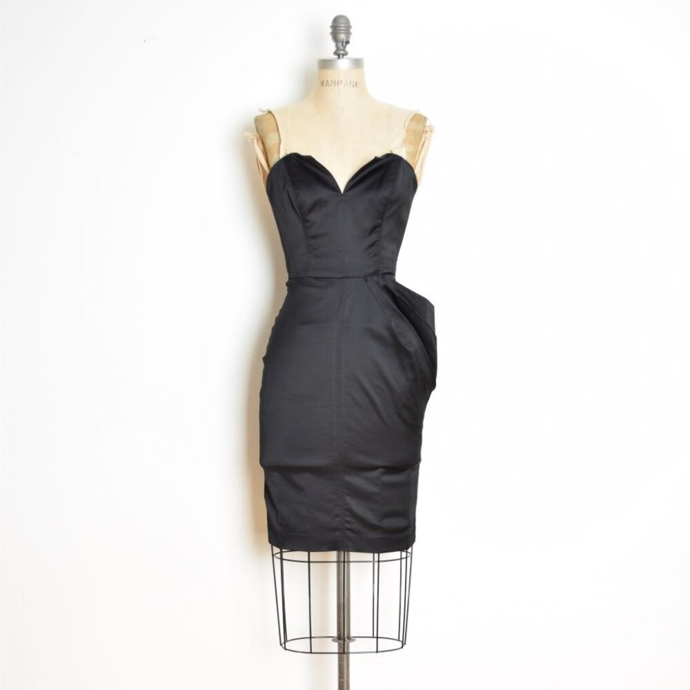 BEBE dress black satin strapless sweetheart sculptural cocktail party prom 0 XS